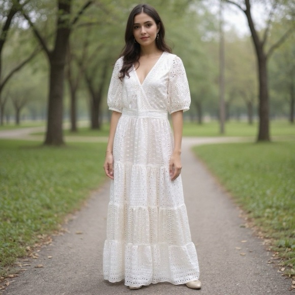 Red Dresses & Skirts - Aura by Red Dress White Puff Sleeve Maxi Dress NWT